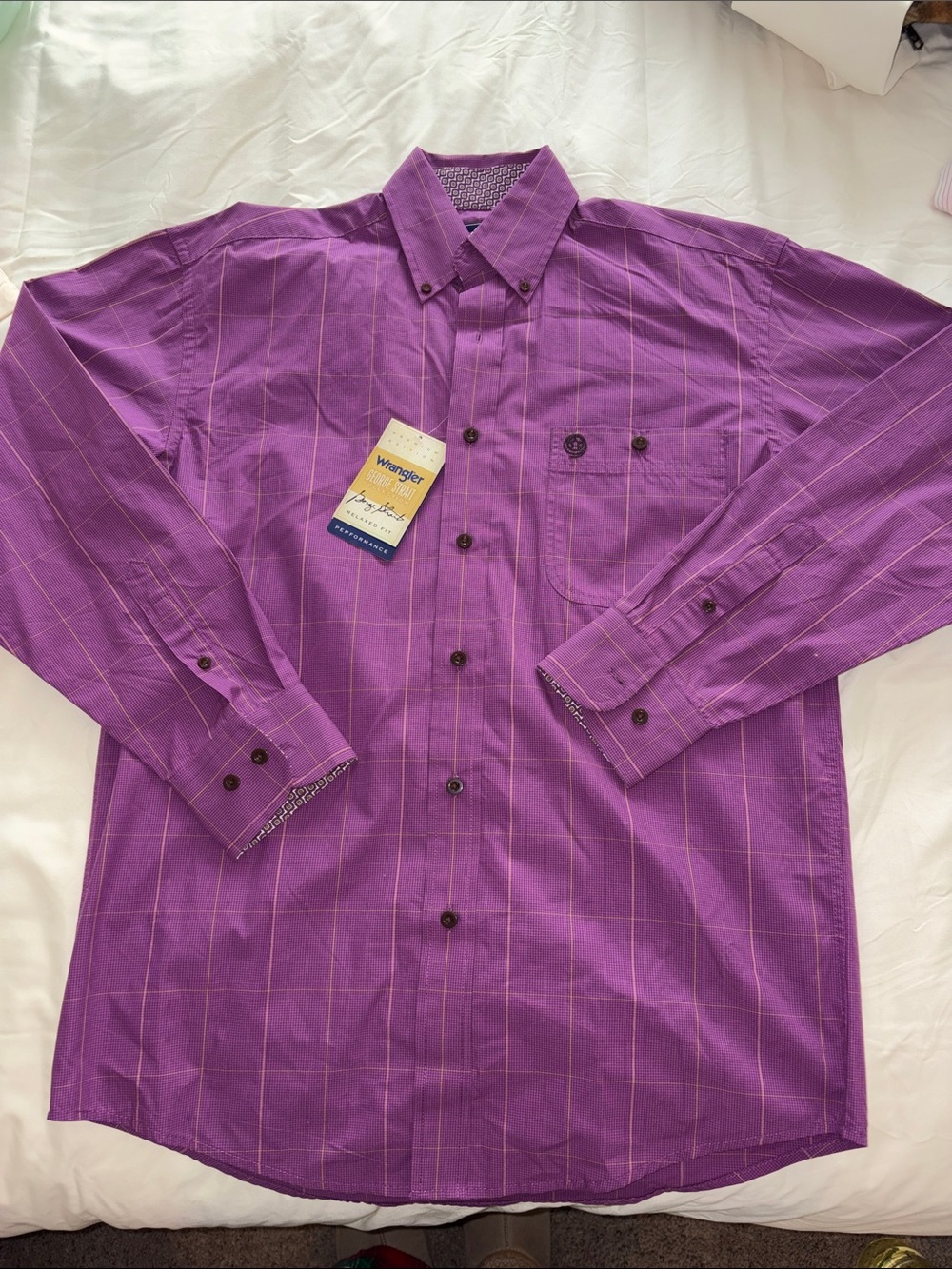 Wrangler Purple Long-Sleeve Button-Up Shirt with Subtle Pinstripes